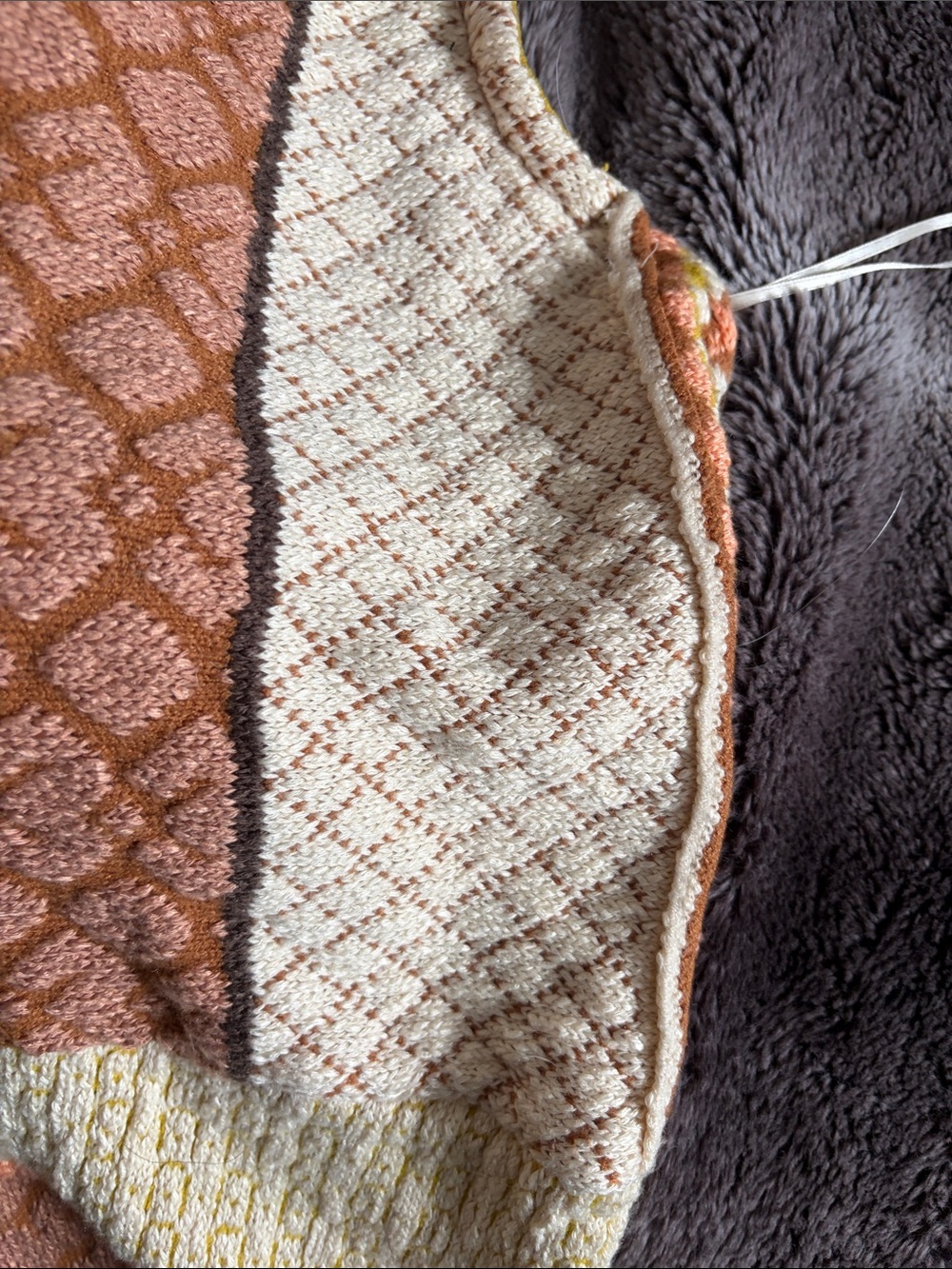 Black Tape_ Multicolor Patchwork Knit Cardigan in Cream, Brown & Yellow - Picture 10 of 11